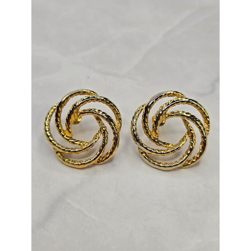 Textured Gold Tone Round Spiral Swirl Earrings